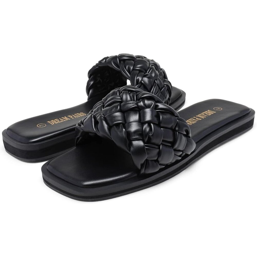 Women's Square Open Toe Slide Sandals Cute Slip on Braided Strap - Picture 4 of 6